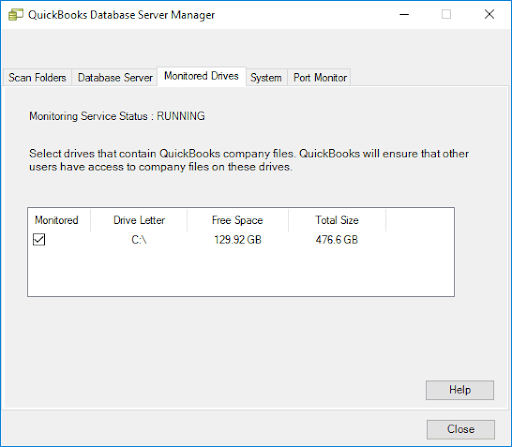 Monitored Drive in QuickBooks Database Server Manager