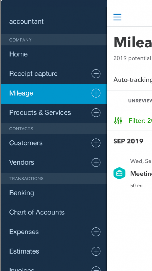 mileage tracking feature on the sidebar menu