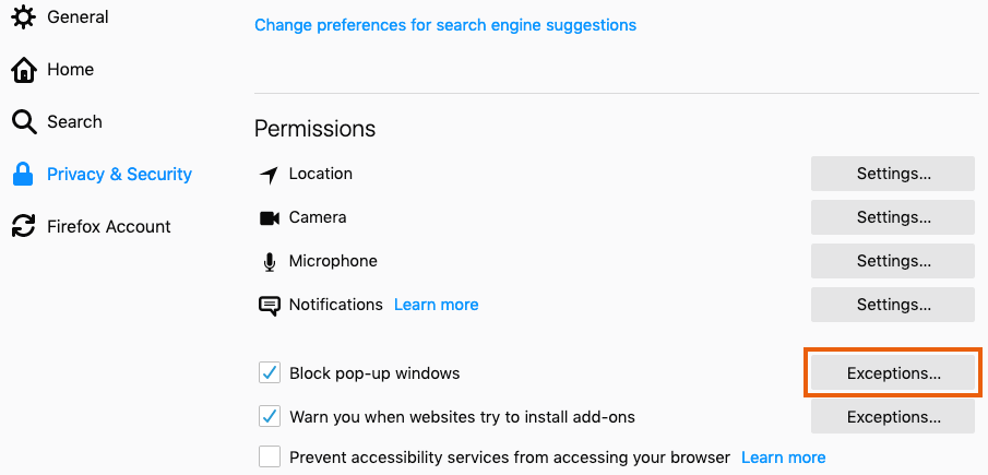 Exceptions option under Permission