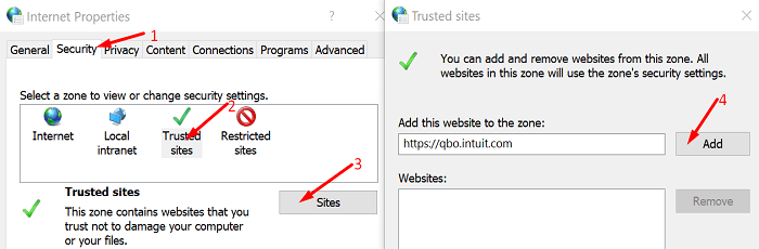 Add QuickBooks as trusted site