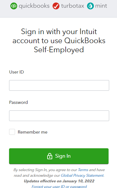 QuickBooks Self Employed login page