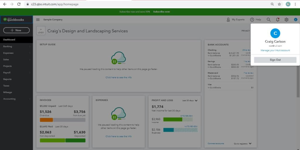 QuickBooks Online Demo Homepage