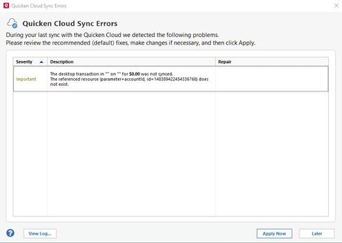 Quicken Cloud Sync Errors