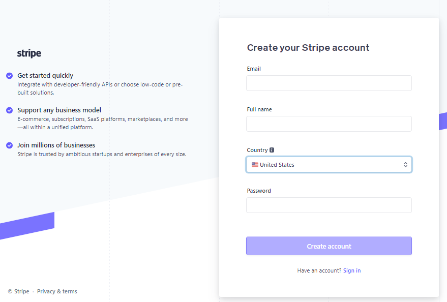 create your stripe account