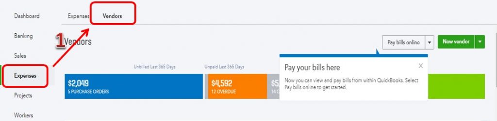 Vendors tab under Expenses